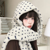 Daiiibabyyy  Korean Love Love Plush Hat Scarf One Polka Dot Retro Ins Merad Style Lamb's Wool Hat Winter Thickened Windproof Warm Neck