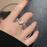 Daiiibabyyy  Sweet Pink Crystal Open Rings for Women Girls Korean Simple Silver Color Matte Irregular Adjustable Finger Rings Jewelry Gifts