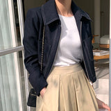 DAIIIBABYYY  -  Women's Retro Lapel Topstitch Design Short Jackets Spring and Autumn Solid Color Versatile Loose Casual Temperament Zipper Coats