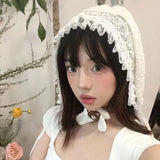 Daiiibabyyy  Niche Color Dot Knitted Rabbit Ear Bow Strap Hat Women's Summer Y2k Lace Headscarf Hat Headband