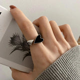 Daiiibabyyy  Vintage Black Enamel Love Heart Couple Ring for Men Women Personality Adjustable Opening Stainless Steel Ring Jewelry Accessory