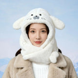 Daiiibabyyy  Simple Fleece Seal Plush Hooded Scarf Cute Solid Color Mask Pullover Hat 3 in 1 Soft Earflap Hat Female/Girls