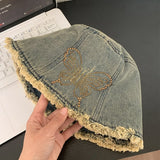 DAIIIBABYYY  -  High Quality Bow Hot Diamond Design Denim Bucket Hat Women Spring and Summer Personality Trend Rough Edge Design Basin Cap