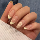 Daiiibabyyy  24pcs Detachable False Nails Art Simple Flower Design White French Fake Nail Tips Mid-length Oval Press on Nails Sets Manicure