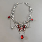 Daiiibabyyy  Gothic Red Butterfly Crystal Pendant Sliver Ghost Claw Short Choker Chain Necklace For Women Punk Y2K Charms Jewelry Accessories