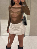 Daiiibabyyy  Women Sexy Rhinestone Hollow-out Fishnet Bodysuit Fashion Crew Neck Full Sleeve Slim Solid Top New Lady High Street Tops