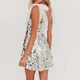 Daiiibabyyy  Shiny Sequins Sleeveless Slim Fit Women's Dress Sexy Backless Summer Mini Dresses Low Cut V Neck Mesh Suspender Club Party Dress