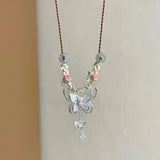 Daiiibabyyy  Gradient Blue Purple Butterfly Pendant Flower Hand Woven Rope Necklace Ethnic Style Vintage Jewelry Women Personalized Gifts