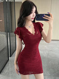 DAIIIBABYYY  -  Women Red Lace Hook Flower Hollow V-Neck Sexy Mini Dress 2025 Korean Luxury Bodycon Dress Summer Elegant Chic Festival Vestidos