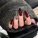 Daiiibabyyy  Long Trapezoidal Shape French Fake Nails Wearable Manicure Full Cover Press on Nails Vintage Style Wine Red Almond False Nail