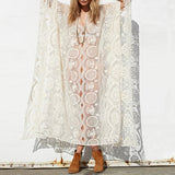 Daiiibabyyy  Elegant Flower Embroidery Hollow Beach Dress Sexy V-neck Batwing Sleeve Solid Long Dress Lady Fashion Loose Sun Protection Dress