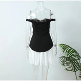 Daiiibabyyy 2024 Summer Elegant Off Shoulder Contrast Colors Mini Dress Women Slash Neck Sleeveless Backless Pleated Party Streetwear Robe