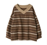 Daiiibabyyy  Women's Winter Clothes Woman V Neck Long Sleeve Loose Fit Oversized Striped Color Block Cotton Blend Hip Length Sweater Female