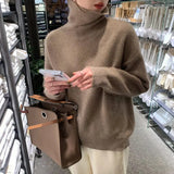 Daiiibabyyy  Fashion Simple Solid Turtleneck Long Sleeve Sweater Women European Loose Drop Shoulder Pullover Fall Winter Warm Basic Tops