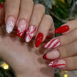 Daiiibabyyy  24PCS Christmas Gift False Nails Red Green Bow Ring Patterns French Fake Nails for Women Sweet Winter Almond Press on Nails Tips