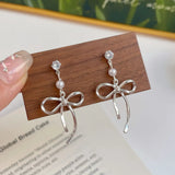 DAIIIBABYYY  -   Korean Fashion Ballet Ribbon Bow-knot Drop Earrings Women INS Silver Plated Pearl Rhinestone Bow Tassel Earring Jewelry