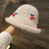 Daiiibabyyy  Cute Cherry White Plush Fisherman Hat for Women Autumn and Winter High-End Hat Warm Bucket Hat