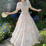Daiiibabyyy  Summer new long dress waist flower new film dress summer short sleeve French lace heavy industry lining