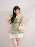 Daiiibabyyy  Vintage Japanese Square Collar Short Sleeve Solid Lace Patchwork Bow Women Blouse