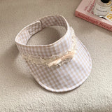 DAIIIBABYYY  -  Korean Version Bow Lace Decorative Plaid Empty Top Hat Women's Summer Outdoor Vacation Shading Foldable Sweet Sun Cap Gorras