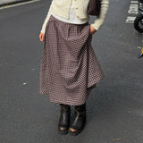 Daiiibabyyy  French Vintage Long Skirt For Women Casual Low Waist Plaid A Line Skirt Spring Summer Daily Commute Holiday Outfit Trend