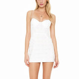 Daiiibabyyy  Women White Lace Hollow Out Embroidery With Wire Bra Chest Sling Mini Dress Romantic Backless Sling Party Club Bodycon Dresses