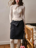 Daiiibabyyy  New French Style Double Layered Lace Hem Round Neck Slim Fit Design Printed Top Women Base Outer T-shirt