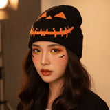Daiiibabyyy  Knitted Fabric Pumpkin Beanie Hat Pumpkin Orange Soft Texture Halloween Knitted Cap Lightweight Cuffed Brim Hip Hop Skullcap