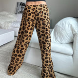 DAIIIBABYYY  -  Brown Leopard Print Casual Pants Autumn Winter Warm Lace-up Low Rise Straight Pants for Women y2k Streetwear Trousers New
