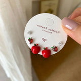 Daiiibabyyy  Cute Lovely 3 Pairs/Set Red Enamel CZ Cubic Zirconia Heart Apple Simulation Fruit Stud Earrings for Women Casual Jewelry