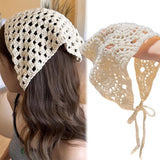 Daiiibabyyy  Knitted Hollow Out Triangle Hair Scarf Headband Women Girls Knitted Flower Headbands Summer Travel Literary Photo Headwear