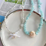 DAIIIBABYYY  -  Handmade Shell Pearl Flower Starfish Blue Rice Bead Necklace For Women Girl Summer Beach Vacation Charm Boho Jewelry Accessories