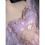 Daiiibabyyy  Light Luxury Pink Purple Evening Dress Women Sweet Pleated Off The Shoulder Flower Applique Prom Gown Sequins A-Line Vestido