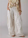 Daiiibabyyy  Women Vintage Loose Wide Leg Cargo Pants Elastic Waist Drawstring Big Pocket Long Trousers Spring Autumn Street Casual Pants