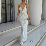 Daiiibabyyy  Sexy Low-cut V-neck Knitted Clothing Long Dress Elegant Backless Hollow Slim Fit White Dress Women Casual Sleeveless Beach Dress