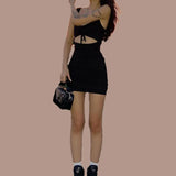 Daiiibabyyy  Must - Have for Cool Vibe! Make a Statement. Square - Neck Drawstring Hollow - Out Slim Dress, Sexy & Casual.