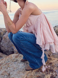 Daiiibabyyy  Y2k Cute Pink Ruffle Chiffon Cami Top Sexy V-neck Vest Tiered Flowy Sleeveless Blouse Summer New Casual Women's Clothing