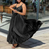 DAIIIBABYYY  -  Sexy Spaghetti Stap Dresses for Women V Neck Sleeveless Loose Pleated Ankle Length Elegant Ladies Birthday Party Dinner Gowns