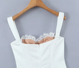 Daiiibabyyy  Women V neck Backless Party Skater Short Sling Dress Sexy Stitching Lace Bra Corset Style Spaghetti Strap Mini Dresses