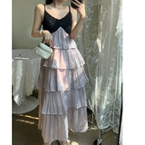 DAIIIBABYYY  -  Summer Mermaid Ji Flowing Contrast Color Spliced Sling Ruffled Cake Skirt Women's Sweet V-neck High Waist Vacation Long Skirt