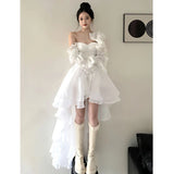 DAIIIBABYYY  -  Fairy White Midi Dress Women Evening Party Prom Slash Neck Irregular Dresses Summer Korean Long Sleeve Bodycon Vestidos