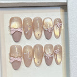 Daiiibabyyy  10pcs Purple Cat's Eye Handmade Fake Nails Tips Glitter Mid-length Oval Press on Nails Art Bow Rhinestone Design False Nail Sets