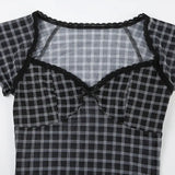 DAIIIBABYYY  -  Korean Commuter Women's Summer New Lace Square Collar Spliced Plaid Gauze Fashion Slim All-match Chic T-shirt Short Sleeve Tops