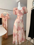 Daiiibabyyy  Women's Elegant Puff Sleeve Ruffles V Neck Floral Long Dress Lady Summer Short Sleeve Slim A Line Long Dress