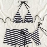 Daiiibabyyy  New Shorts Three-Piece Black White Striped Bikini Set Women Summer Swimming Wading Sports Sexy Backless Lace Up Style Swimwear