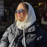 Daiiibabyyy New Women's Hooded Scarf Pullover Hat Solid Color Knit Pullover Drawstring Balaclava Winter Warm Hat Beanie 6 Colors