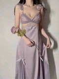 Daiiibabyyy Spring Sexy Silk Strap Dress Women French Elegant Party Fairy Dress Backless Lace Long Dresses Women Court Vintage Korean