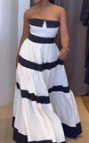 Daiiibabyyy  Summer Woman Dress Strapless Black And White Striped Dresses Tiered Skirt Maxi Dress Ruched Waist Evening Dress Back Bow Accent