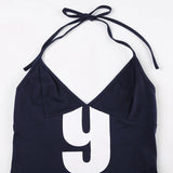 Daiiibabyyy  Women's Letter Print Neck Hanging Vest Shorts Two-piece Set Summer Fashion Slim Fit Dark Blue Comfortable Outdoor Sports Outfit