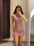 Daiiibabyyy  Sleeveless Stretch Lace Patchwork Short Dress Women Sexy O-neck Waist Cinching Hip Package Bodycon Evening Dresses Chic New Robe